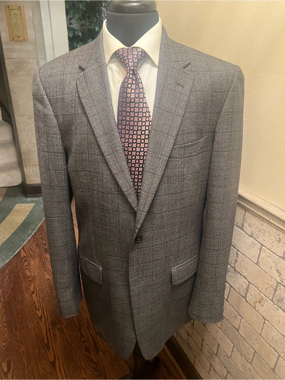 Jos A  Bank Window Pane Sport Coat Blazer Jacket 100% Wool Gray Men 44XL
